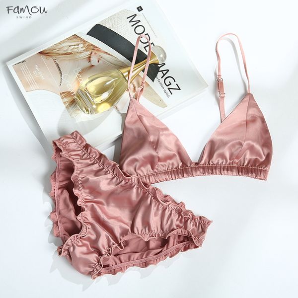 

Wire Bralette Free Satin Bra Set Thin Triangle Solid Cups Color Bra And Panty Set Lingerie Underwear Women Brassiere