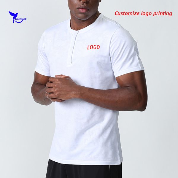

2020 summer men quick dry running t-shirt elastic loose gym shirts short sleeve fitness tee half button sportswear customize, Black;blue