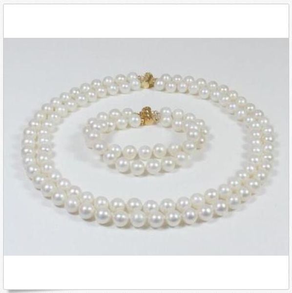 

double strands south sea 9-10mm white pearl necklace 18" + braceelet 8" 14k, Silver