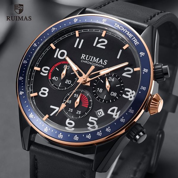 

ruimas mens army sports watches brand luxury leather strap wristwatch man luminous chronograph watch relogios masculino 574, Slivery;brown