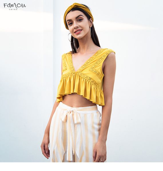 

Sexy V Neck Chiffon Casual Women Ruffle Backless Short Shirt Tee Summer Tank Streetwear Lace Crop Top