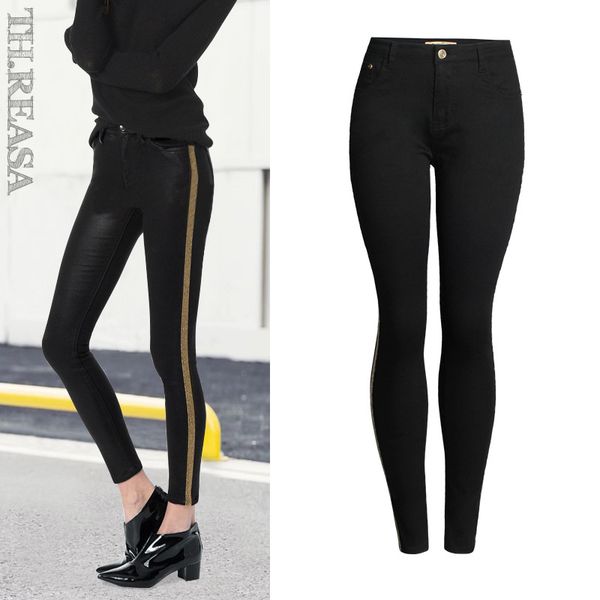 

sindydell 2019 spring fashion sequined side stripe jeans women europe america denim cotton slim black skinny pencil pants, Blue