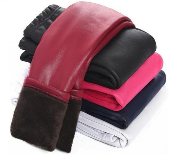 

2018 baby girls leggings winter kids thick velvet leggings children warm trousers faux pu leather legging, Blue
