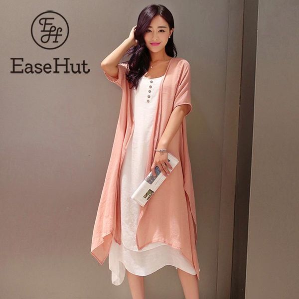 

two piece cotton linen plus size dress women vintage short sleeve cardigan summer sundress female midi autumn dresses, White;black