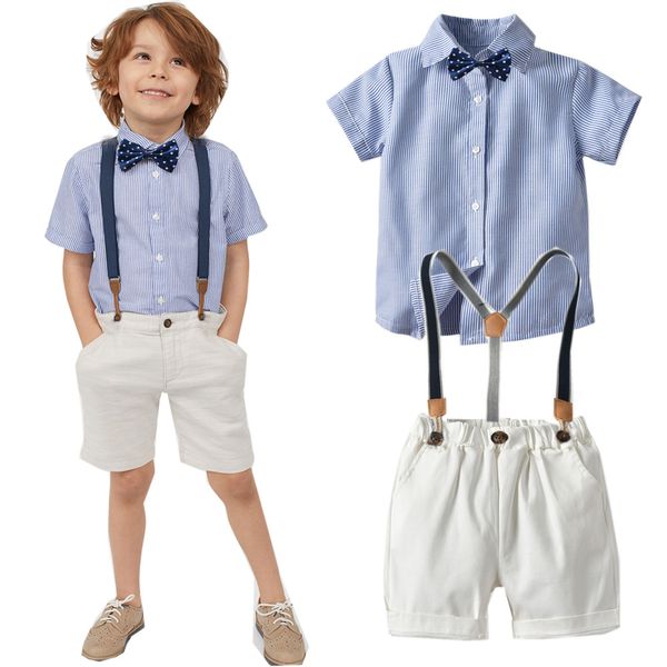 

New Boys Striped Shirt Bow Tie Bib Shorts Denim Boys Gentleman Suit Boys Short Sleeve Shirt