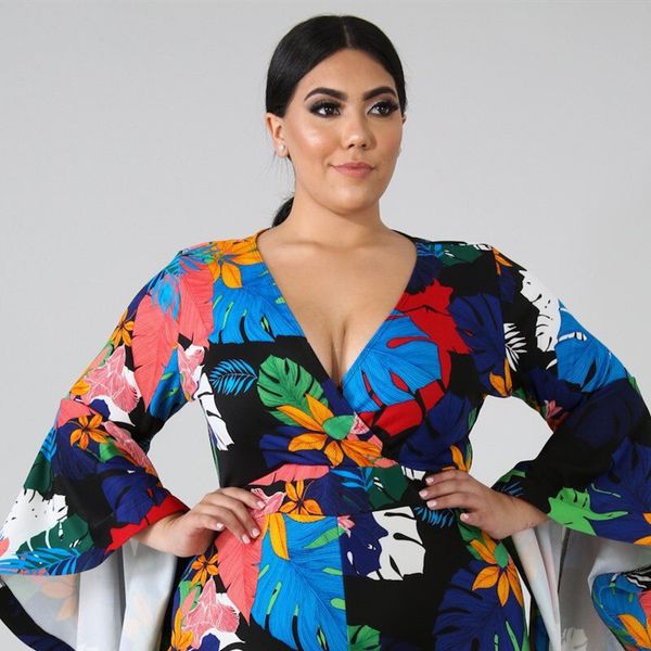 

women v neck plus size jumpsuit flare sleeve print women long romper lady big size overalls for ddm128, Black;white