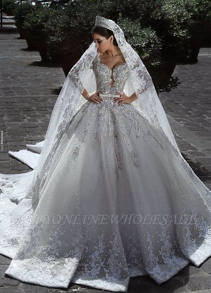 

2020 glamorous tulle appliques wedding dresses long sleeves crystal bridal ball gowns with bow ba7970, White
