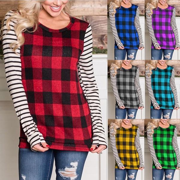 

designer t shirts autumn casual loose striped long sleeved crew neck t shirts fashion womens tees plaid printed womens, White