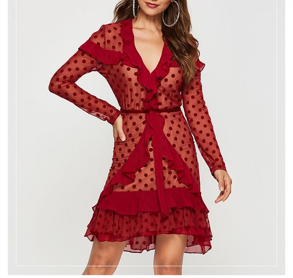 

new french over knee red designer luxury vintage v-neck ruffle waistband show thin dress for summer a50, White;black