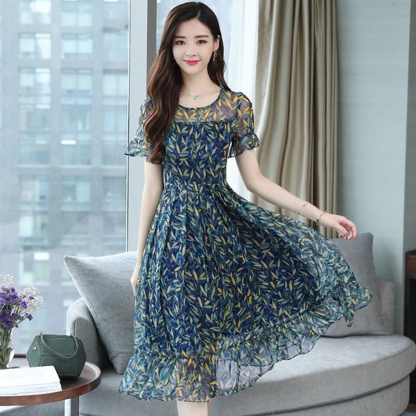 

летние платья женской одежды 3xl плюс размер летний цветочный шифон 2019 корейский элегантный ruffled женщины midi платья casual club vestid, Black;gray
