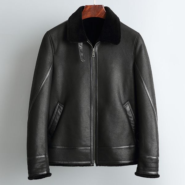 

2019 real fur coat short winter jacket men sheep shearling fur coat stand collar warm wool jackets veste homme r-016 yy558, Black