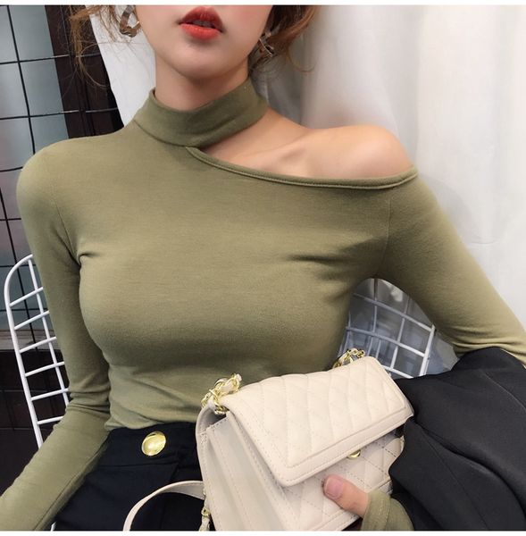 

women's t-shirt women t-shirts solid color retro strapless long sleeve female vintage slim fit tee size, White