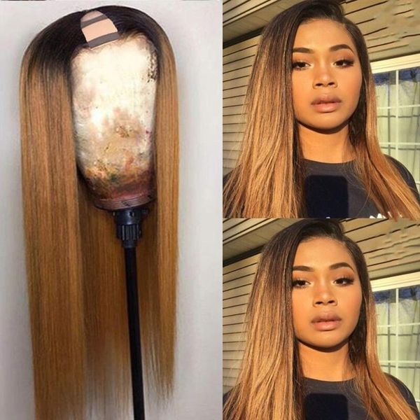 

ombre blonde color 2x4 u part human hair wig natural soft brazilian remy hair wig for women, Black;brown