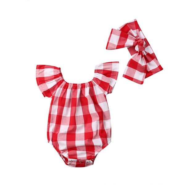 

2019 summer cute toddler baby girls plaid bodysuit short sleeves jumpsuit sunsuit outfit red clothes, White