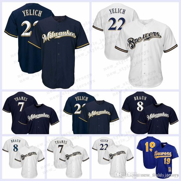 

Brewers Milwaukee jersey 22 Christian Yelich 19 Robin Yount 8 Ryan Braun 7 Eric Thames Baseball Jerseys