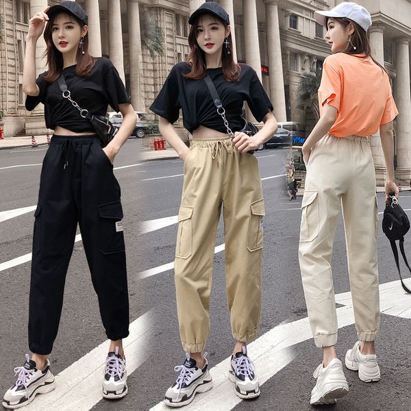 

2020 women's casua nine-tenth pants female korean style loose feet pants girl high waist overalls comfortable leisure trousers, Black;white