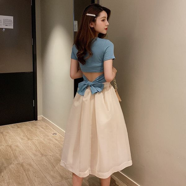 

summer two piece set korean skirt set women back bandage short sleeve crop t shirt + elastic waist tutu skirt womens sets, White