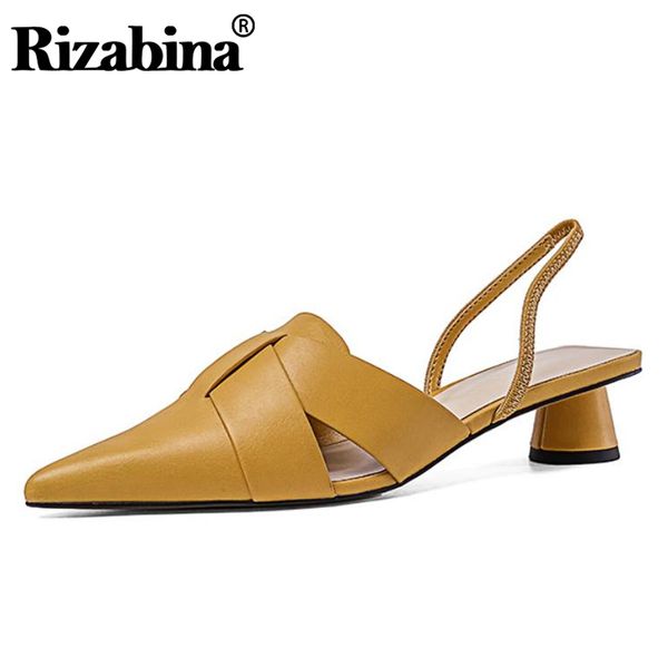 

rizabina genuine leather sandals pointed toe summer women shoes shallow thick heels party shoes heels casual size 33-40, Black