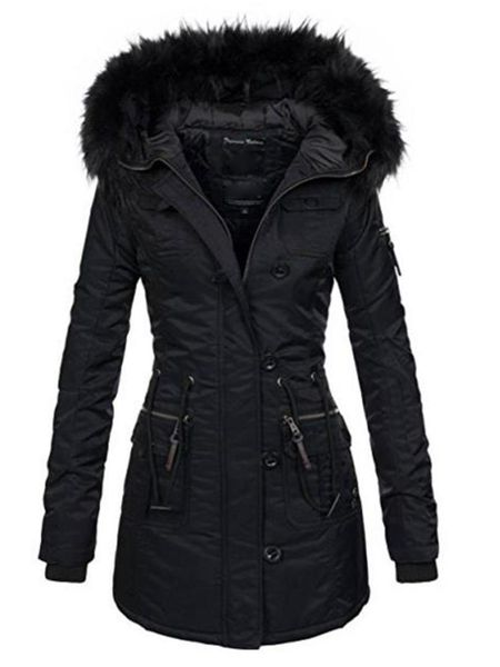

faux fur collar female casual overcoatwinter jacket women plus size 2019 black warm parka thick outwear cotton long coat hooded