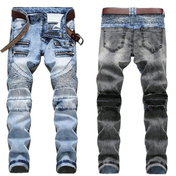 

men's pleated biker jeans with multi zippers washed motorcycle denim pants trousers 2 color patchwork plus size 28-42, Blue