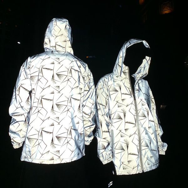 

loose fit windproof reflective running hooded jacket couples lovers full zipper hip-hop sport leisure windbreaker coat, Black;red