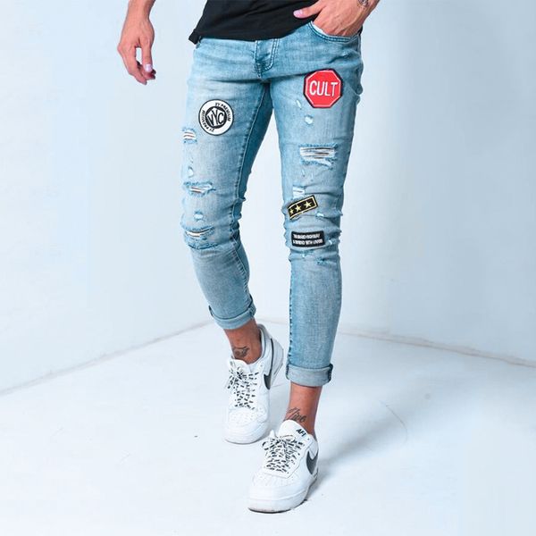 

e-baihui 2021 mens jeans designer patches panelled jeans male stretch skinny hole pencil pants fashion homme street style jeans, Blue