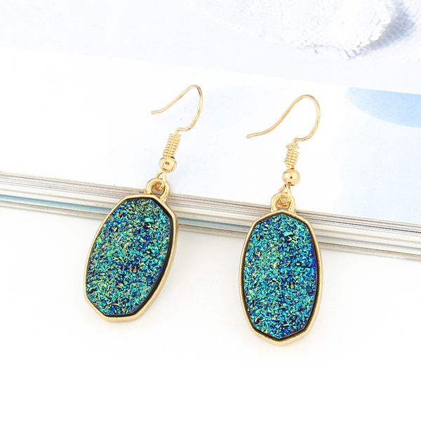 

european and american personality geometric earrings imitation natural stone earrings retro octagonal ear hook resin earrings, Silver