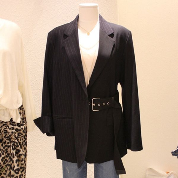

women's suits & blazers [ewq] 2021 autumn pattern office lady style full sleeve double breasted striped casual lapel collar suit coat a, White;black
