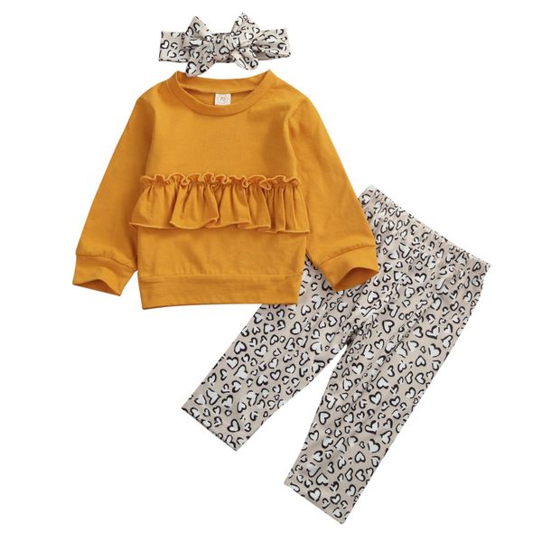 

1-5y spring autumn toddler kids baby girl casual leopard ruffle +pants+headband clothes outfits 3pcs set tracksuit, White