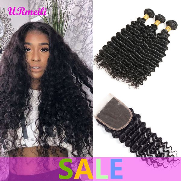 

deep wave bundles with lace closure brazilian deep wave unprocessed human hair weave 10a grade brazilian virgin hair 3 bundles with closure, Black;brown