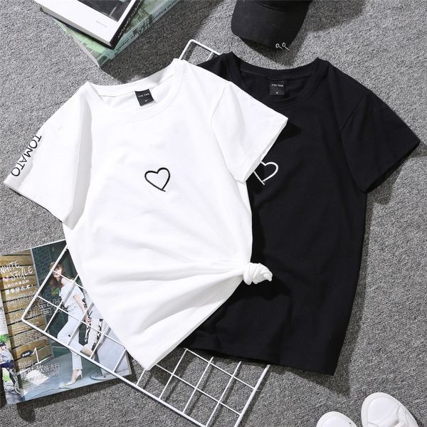 

summer couples lovers t-shirt for women casual white tshirt women t shirt love heart embroidery print t-shirt woman