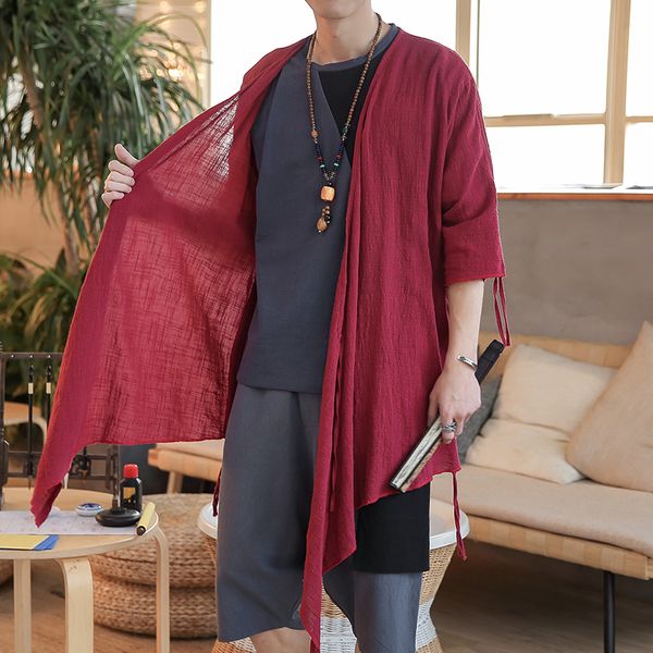 

sunscreen loose kimono coat outerwear trench coat men chinese style short sleeve men vintage long jacket male cardigan, Tan;black