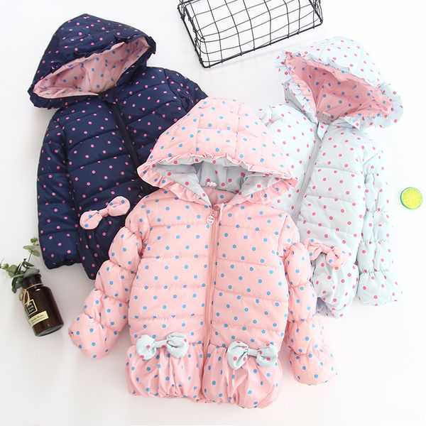 

girls autumn & winter new style korean-style children children frilled hooded dotted cotton-padded clothes bow cotton-padded jac, Blue;gray