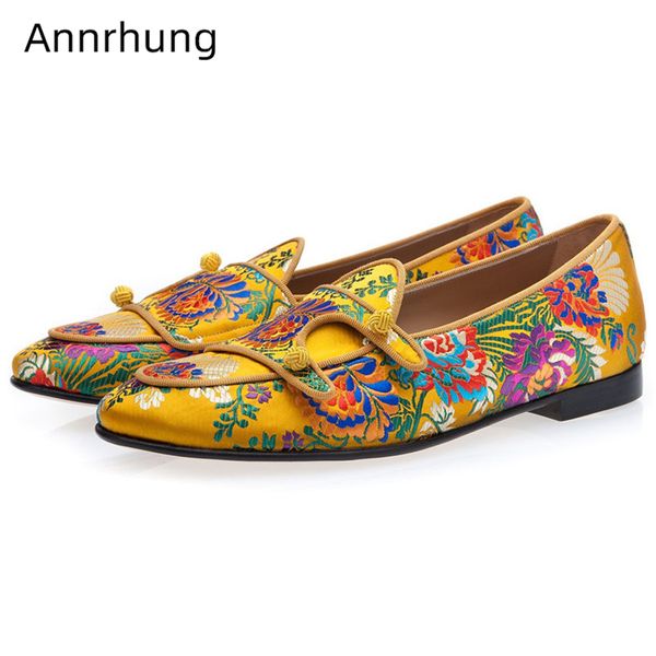 

embroidery party shoes man round toe slip on cozy loafers braided ball decor gold satin casual flats new chic men shoes, Black