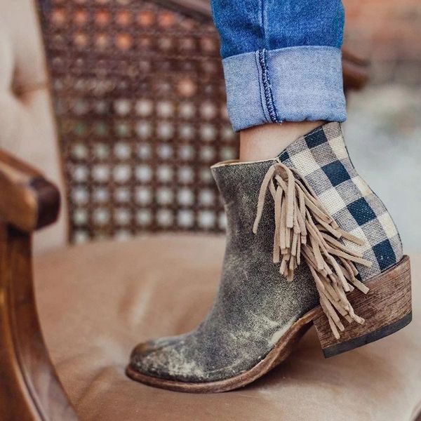 

lasperal 2019 new retro winter shoes women boots tassel plaid decoration zipper chunky heel women ankle boots ladies heel shoes, Black