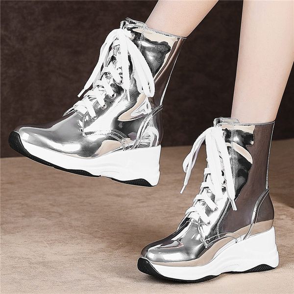 

nayiduyun women genuine leather wedge ankle boots casual party shoes breathable mesh wedge platform punk fashion sneakers, Black