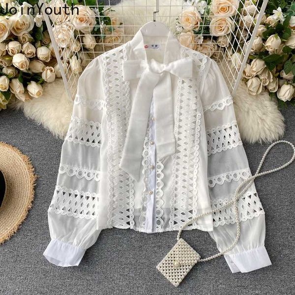 

joinyouth 2020 spring women blouse 2 pieces sets hollow-out patch puff long sleeve shirt bow tie stand neck korean blusas 59539, White
