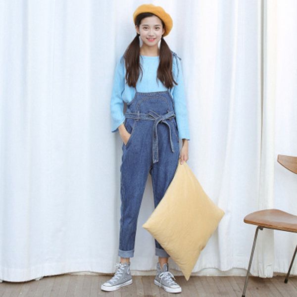 

2020 new stylish casual loose vintage women denim overalls washed girl full lengt pants female lacing jumpsuits, Blue
