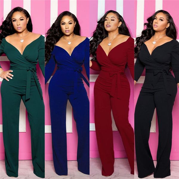 

solid color v neck womens jumpsuits with sashes loose womens rompers four color casual womens apparel, Black;white
