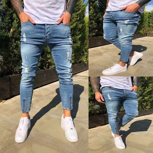

mens hole-piercing stretch ankle zip nine-point jeans, Blue