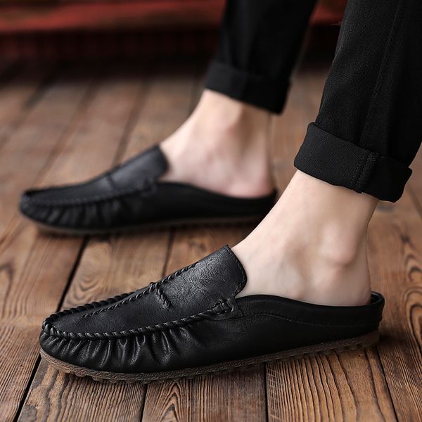 

fashion half shoes for men loafers slipper casual mules black man flats shoes leather mens moccasin slip on summer driving