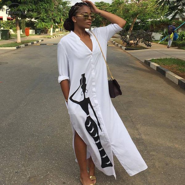 

autumn long dress long sleeve shirt dress women character print pockets side split button maxi loose casual white twill shirt dress, Black;gray