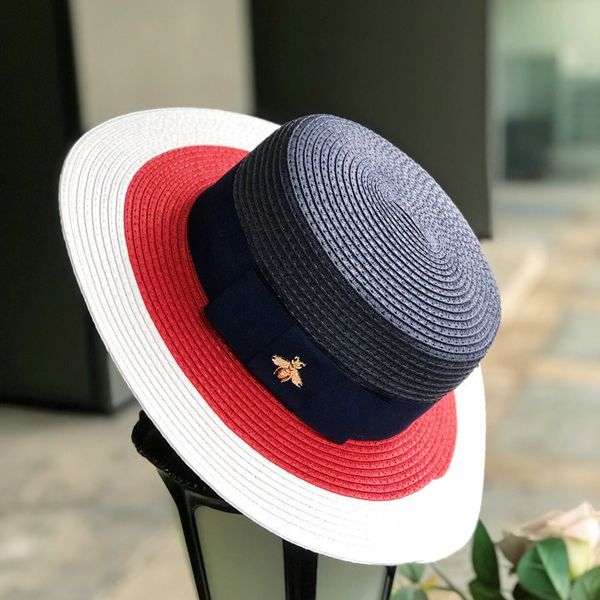 

2019 new british summer quality color matching tide hat bee fashion female straw hat sunscreen sunscreen japanese flat wide y200602, Blue;gray