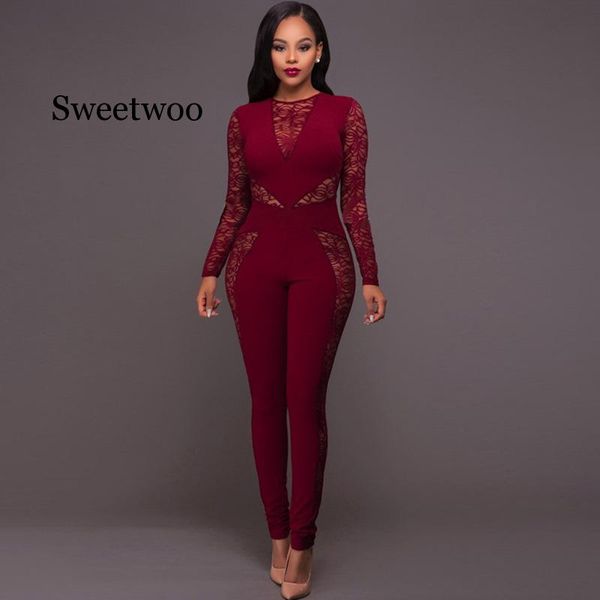 

women lace hollow out jumpsuit patchwork high waist pencil pants zipper night club rompers, Black;white