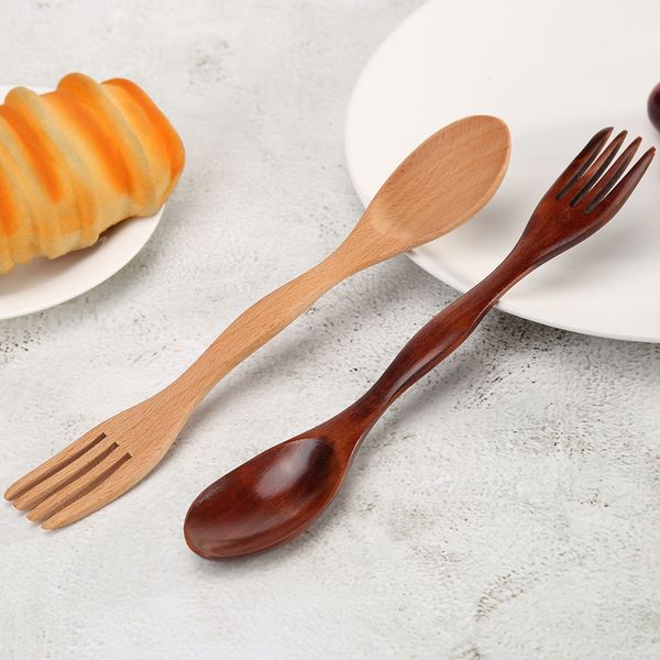 

1pc 2 in1 natural wood cutlery dual head soup spoon fork dinner tableware set diy kitchen accessories