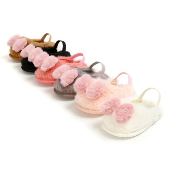 

2020 baby slippers winter warm newborn toddler baby boys girl infant cute faux bow soft crib elastic band fuzzy shoes 0-18m, Black