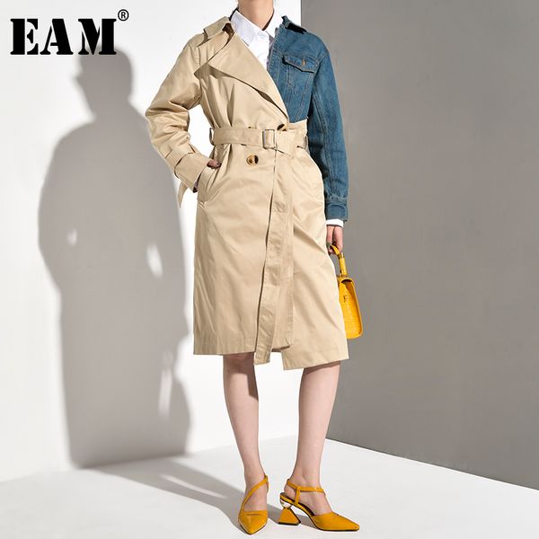 

eam] 2019 new spring autumn lapel long sleeve hit color denim split joint long windbreaker women trench fashion tide ye5371, Tan;black