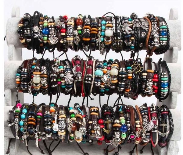 

2019 new bulk mix styles beads pendant leather bracelet metal leather cuff skull punk rock sport bracelets men's women's jewelry p, Golden;silver