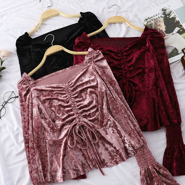 

womens vintage lace-up shirt sweet and blouses korean fashion ladies flare sleeve shirts square collar short style shirt, White