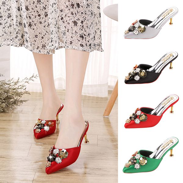 

women fashion pointed toe floral outdoor slippers high heels wedding shoes new casual british wind thin heel for travel apr 25, Black